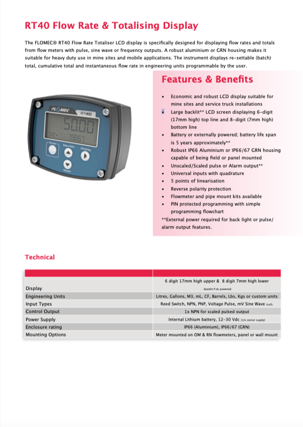 Flomec RT 40 Flowmeter or Wall Mount Display-FRT406D0FM