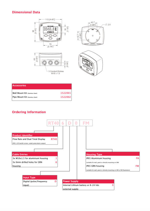 Flomec RT 40 Flowmeter or Wall Mount Display-FRT406D0FM