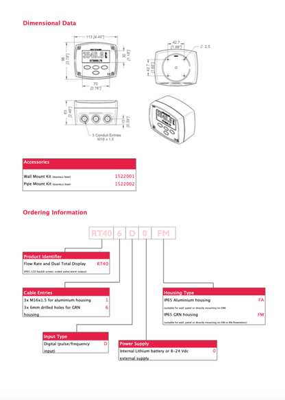 Flomec RT 40 Flowmeter or Wall Mount Display-FRT406D0FM